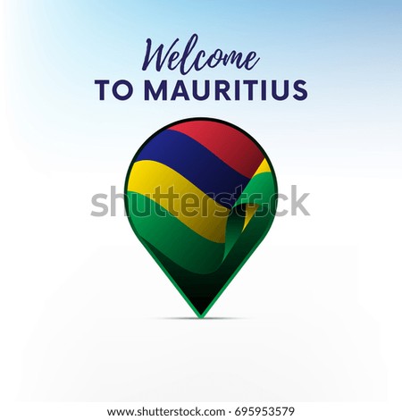 Flag of Mauritius in shape of map pointer or marker. Welcome to Mauritius. Vector illustration.