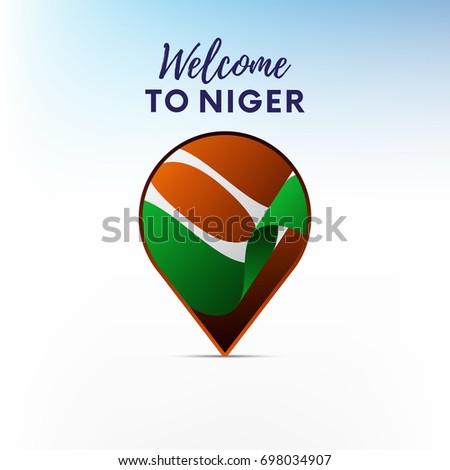 Flag of Niger in shape of map pointer or marker. Welcome to Niger. Vector illustration.