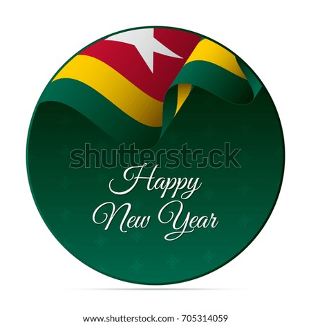 Happy New Year banner or sticker. Togo waving flag. Snowflakes background. Vector illustration.