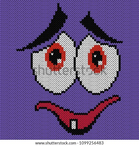 Funny and modest grimace with an open mouth on the violet background, knitting vector pattern as a fabric texture