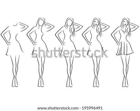 Sequence of hand drawing creation a beautiful young women contour with five steps