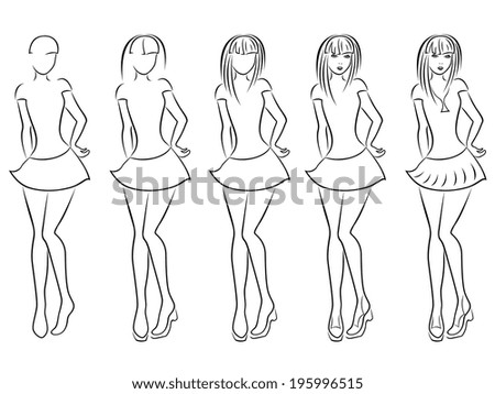 Attractive young women contour in hand drawing sequence with five steps
