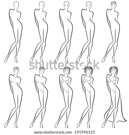 Sequence of hand drawing creation a beautiful female contour with ten steps