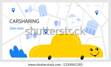 Auto leasing landing page color template. Happy vehicle kawaii character. Carsharing typography lettering. Automobile rent navigation map. Carpooling cartoon clipart. Car rental webpage flat design