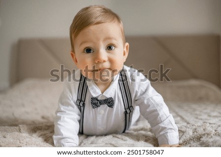 Image, Stock Photo smiling boy dressed as Joker on dark background