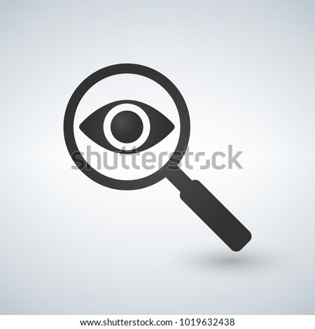 Magnifying glass with eye vector icon, isolated on white background.
