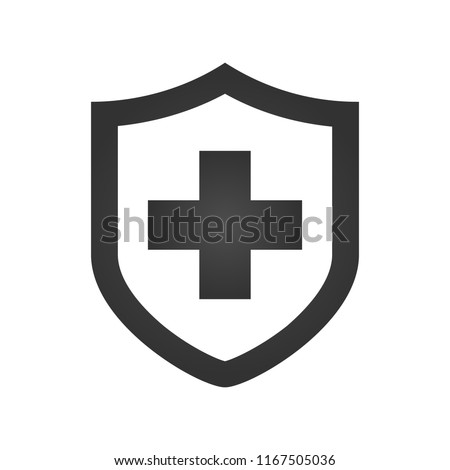 Medical shield with cross icon. Black pictogram. Modern flat design vector illustration, new concept for web banners, web site, infographics. Vector icon graphic art isolated on white background.x