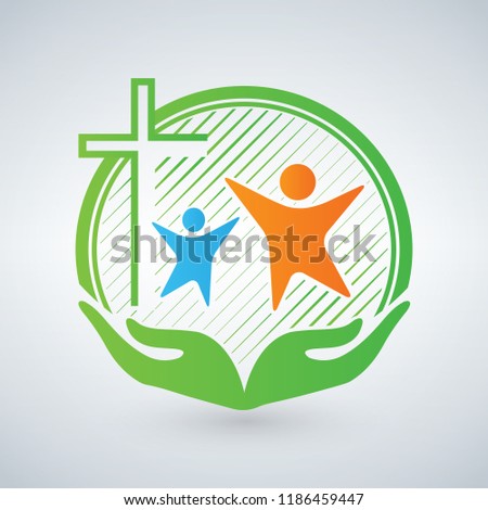 Hands of Mercy or care. Christian logo, people, children, women. Open arms and cross. The symbol of christian care ministry mutual aid and support. Care logotype.