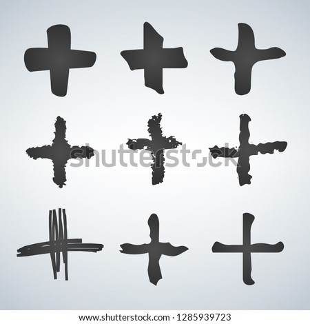 Cross or plus symbols. Set of 9 hand painted plus signs isolated on a white background. Vector illustration collection.