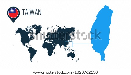 Taiwan map located on a world map with flag and map pointer or pin. Infographic map. Vector illustration isolated on white background.