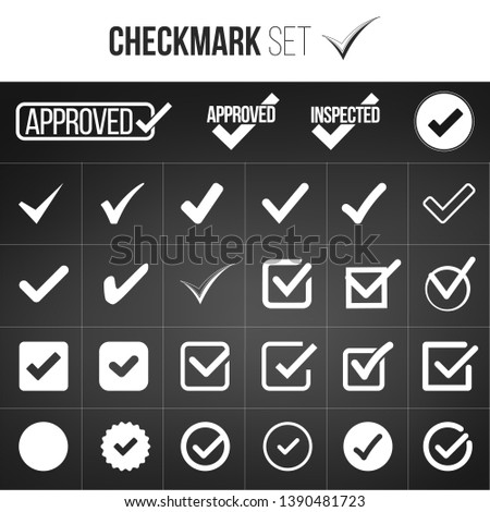 Checkmark or tick mark collection set. Acceptance, approval, right choice, correct selection, true option, positive answer, saying yes, , confirmation concept. Vector illustration isolated on black