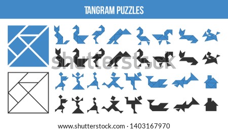 Printable Tangram, puzzle game. Set of shapes for kids activity that helps to learn geometric shapes. Animals , birds, fishes and people made of triangles, square and parallelogram. Vector