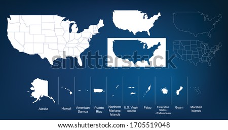 Map of The United States of America USA with territories and Islands. Different map variations for your design. Stock Vector illustration isolated on white background.