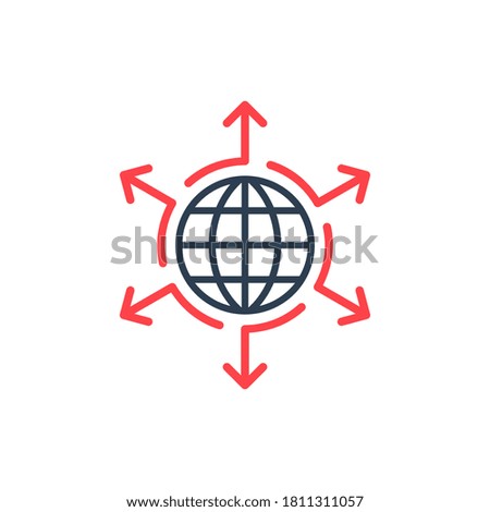 Infographic arrows around globe. Grow expand spread your company idea influence concept elements icon logo. Arrows in different direction. Stock vector illustration isolated on white background.