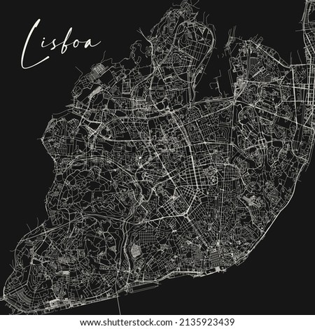 Black and white vector city map of Lisbon. Stock vector illustration isolated on black background.