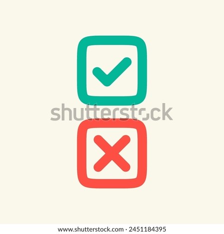 Checkbox checkmark square icon. Confirm true and false check mark, right wrong icon. Stock vector illustration isolated on white background.