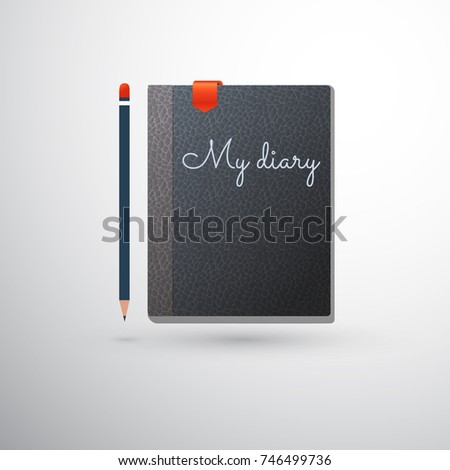 My diary with pencil and bookmark on light background