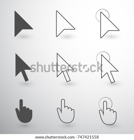 dark grey mouse cursor icon set on light background, arrow and hand