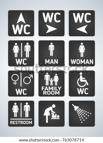 WC Toilet door plate icons set white on black. Men and women WC sign for restroom. Bathroom plate. Isolated on dark background