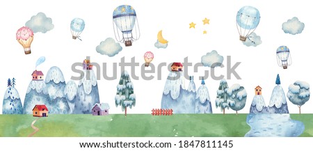 childrens illustration with balloons, mountain landscape, trees, forest, houses in the mountains, clouds,  illustration pastel gentle colors