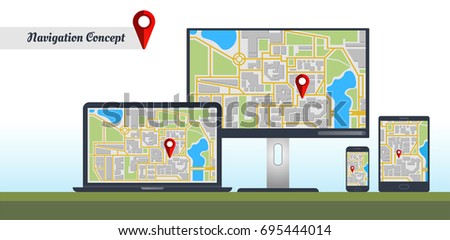 Concept of responsive navigation application for desktop computer, laptop, tablet PC and smartphone. Map with GPS location mark displayed on some devices. Flat style vector illustration.