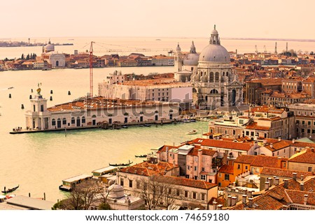 Venice, view of grand canal and basilica of santa maria della salute at sunset. Italy.