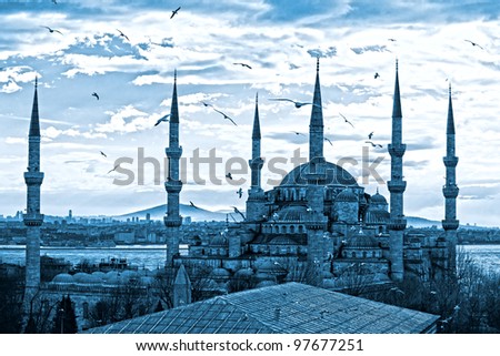 The Blue Mosque, (Sultanahmet Camii), Istanbul, Turkey. Blue toned image.