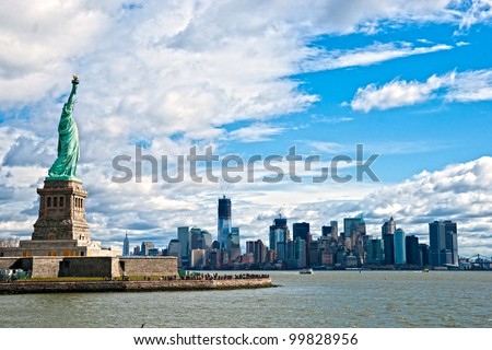 The Statue of Liberty and Manhattan Skyline, New York City. USA. Stock fotó © 