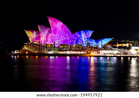 SYDNEY, AUSTRALIA - MAY 25: Sydney Opera House shown during Vivid Sydney: A Festival of Light, Music & Ideas on May 25, 2013 in Sydney, Australia.