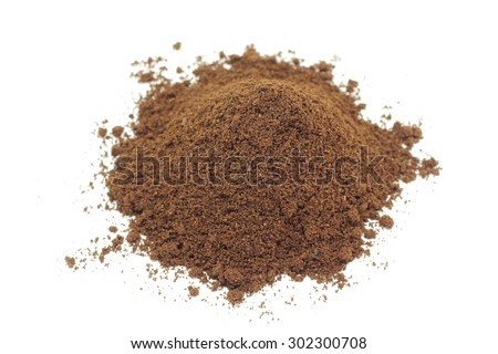 a handful of brown powder of ground coffee on a white background