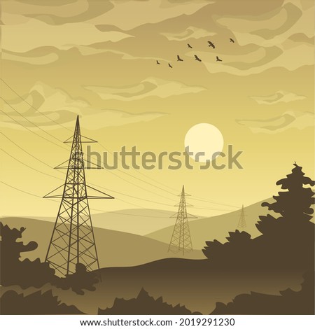 Industrial dawn landscape in  mountain area in yellow and brown palette. Birds, electricity network, trees, hills shilhouettes. Romantic calm evening in a small town.
