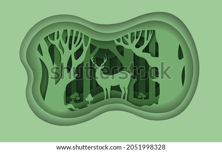 Paper cut flat forest with a deer sillhouette. Deep forest with mushrooms. Environment, wild nature.