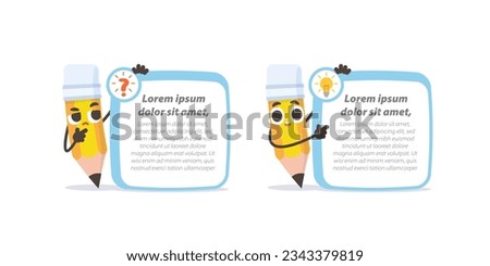 Pencil character cartoon design with question and idea text box frame for message illustration vector. Education concept.