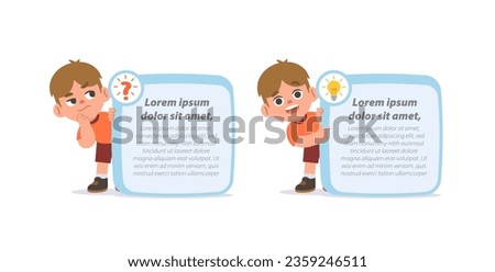 white boy character cartoon design with question and idea text box frame for message illustration vector. Education concept.