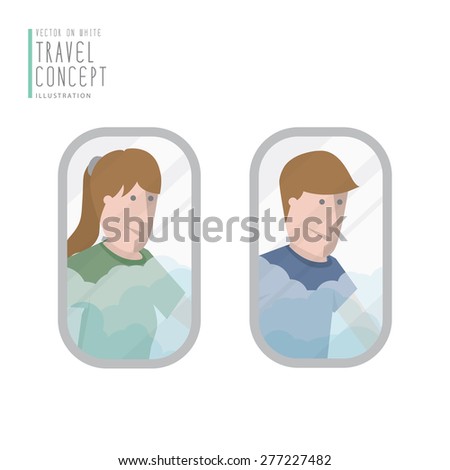 Illustration vector a man and a woman looking out the airplane window flat style.