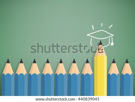 Illustration vector yellow pencil stand out from the blue pencil with success and graduation. Symbols with graduate cap top.
