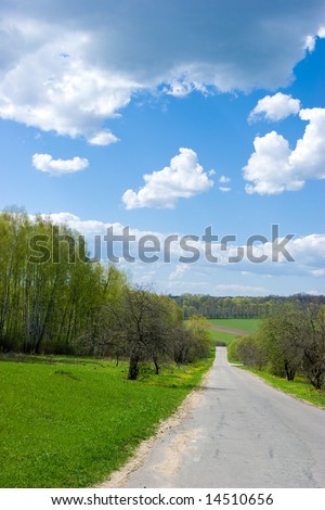 Srping rural landscape with road, green field and blue sky with clouds
