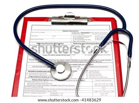 Blank Patient information on red clipboard  with stethoscope on white background