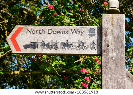 Wooden sign post pointing to the North Downs Way National Trail in southern England