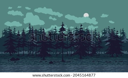 Pixel art background with forest for games and mobile applications. Seamless when docking horizontally. Halloween background in pixel art, 8 bit, 16 bit