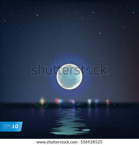 Full blue moon over cold night water, vector Eps10 illustration.