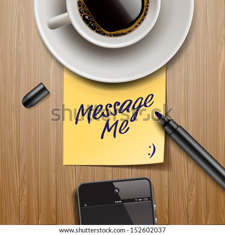Yellow stick note with marker, coffee cup and tablet on wood table, vector illustration.