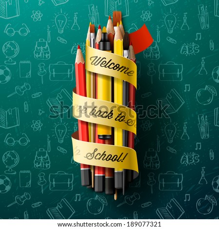 Colorful pencil crayons with text Back to school on ribbon, vector illustration. 