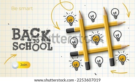 Back to school template with tic tac toe game, pencils makes and lamp idea doodle sketch. Vector illustration