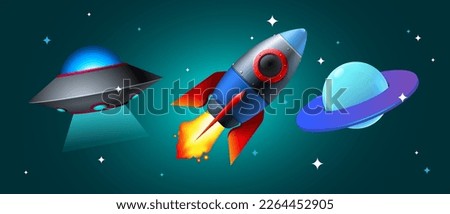 Set of cosmos icons, space rocket, ufo ship, planet, and stars. Vector illustration