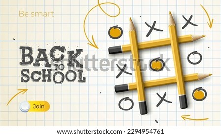 Back to school web banner, notebook page with tic tac toe game, pencils makes and doodle, vector illustration Photo stock © 