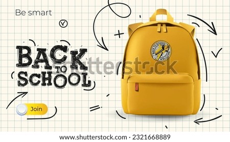 Back to School web template.  Yellow school bag, checkered paper background with doodle drawing. Vector illustration