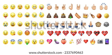 Emoji big set. High quality emoticons isolated on a white background. Heart, hands, yellow smiles, emoji set. Social media icons, vector illustration