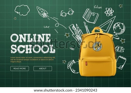 Back to school, online school banner, poster. Yellow backpack with school supplies on the background of a green checkered chalkboard with different doodle scientific icons, vector illustration
