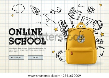 Back to school, online school banner, poster. Yellow backpack with school supplies on the background of a checkered paper with different doodle scientific icons, vector illustration 商業照片 © 